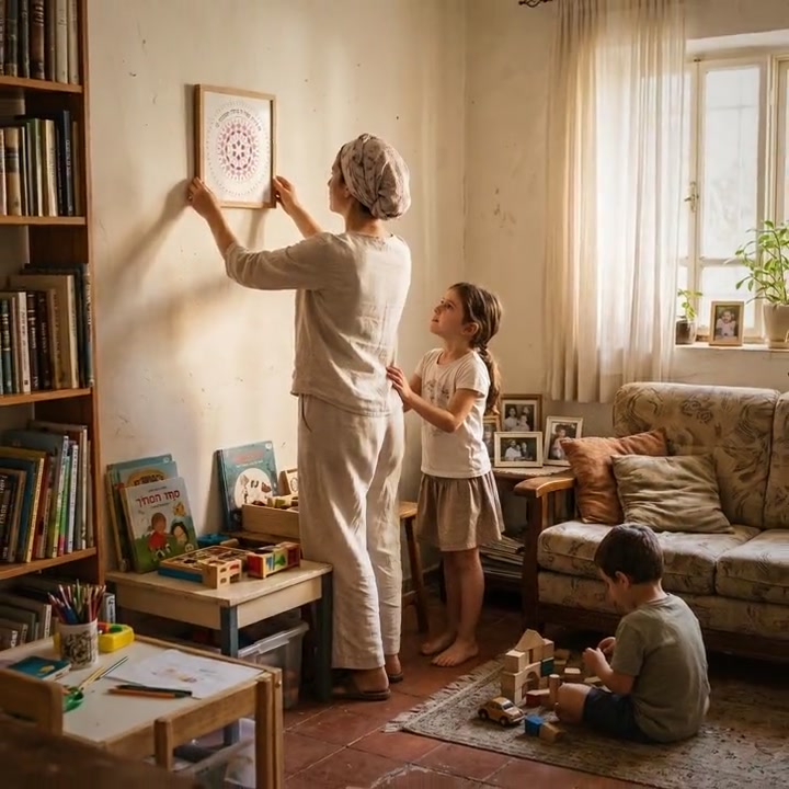 אישה תולה על קיר תמונה ממוסגרת עם מנדלה, ילדה לצידה מביטה למעלה, ובסלון ספרייה וילד משחק בקוביות.